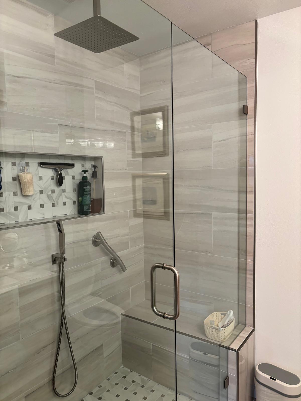 Finished walk-in glass shower with tile surround, Sapphire Remodeling bathroom project